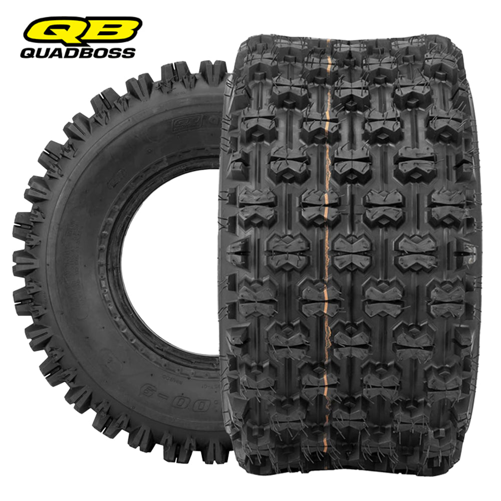 Quadboss QBT739 4-ply ATV sport all terrain rear tires available in popular 9", 10", and 11" rim sizes, featuring a high traction design with unique tread block shape and affordable pricing, offered with free shipping by Ride or Die Tire.