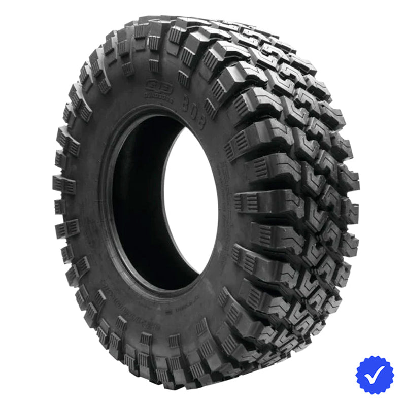 Angled view of the 8-ply Nylon Radial UTV and Side-by-Side all-terrain tire made by Quadboss, the QBT808 model, offered with free shipping and sold individually or as a set of 4, available in 14" and 15" rim sizes.