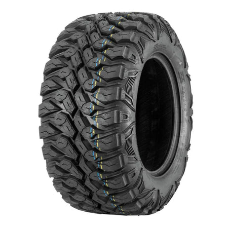 Angled view of the rear 27x11R14 QBT846 8-ply heavy duty all-terrain radial UTV, ATV, and SXS tire.