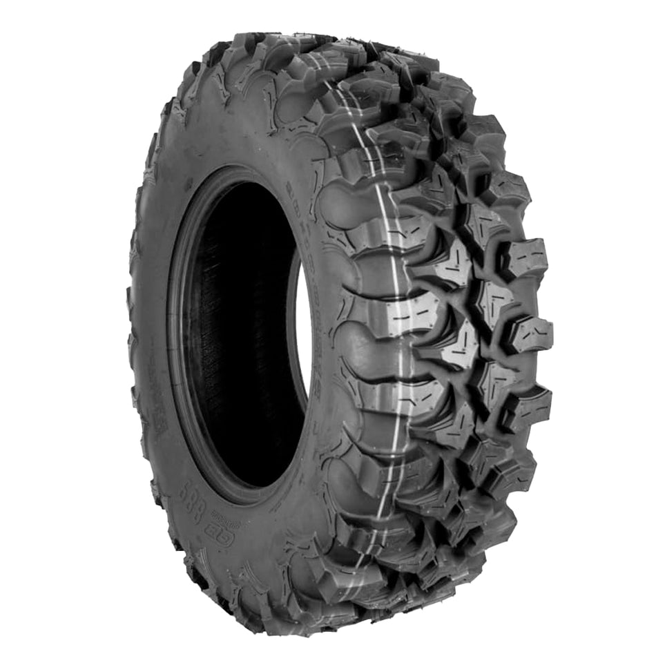 Angled view of the QBT889 Quadboss 8-ply Radial UTV and ATV tire available in 14" and 15" rim sizes, featuring deep rim guard overbead protection for wheels.