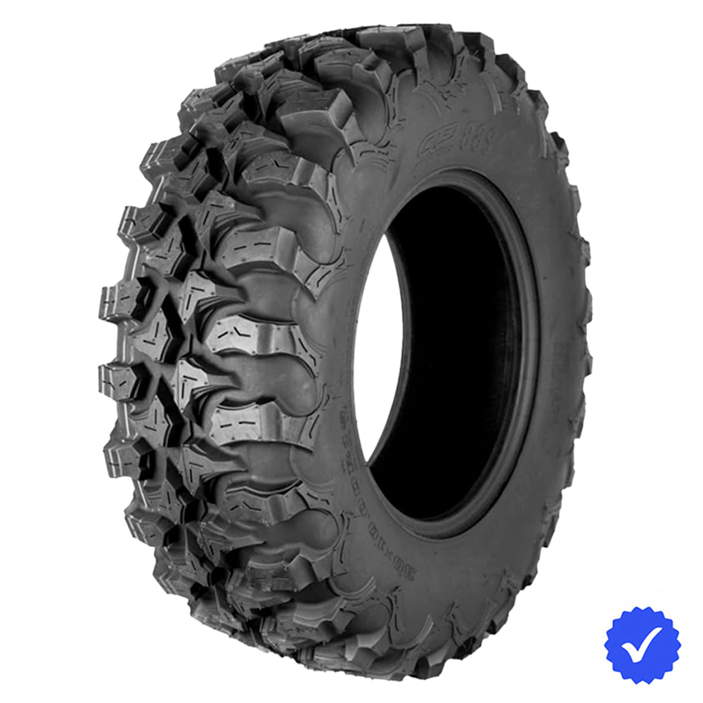 Angled view of the QuadBoss QBT889 high traction 8-Ply Radial UTV and SXS tire, excelling in sand, mud, rocks, and loose terrain, rigorously tested for maximum off-road performance for higher horsepower machines, sold with free shipping by Ride or Die Tire.