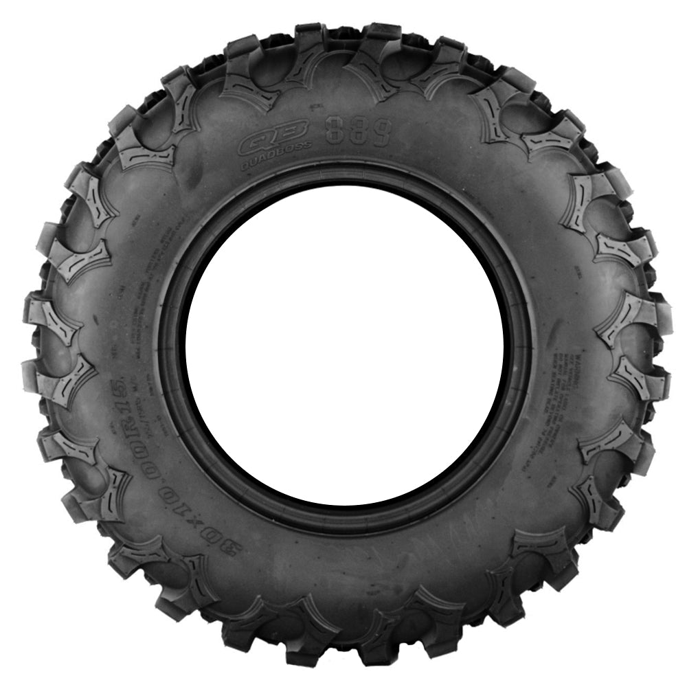 Full sidewall view of the QB QBT889 all-terrain and mud-terrain 8-ply Radial UTV and Side-by-Side tire, designed for stability and traction, while using cut corners and stepped tread blocks to improve clean out and stone clearing capability.