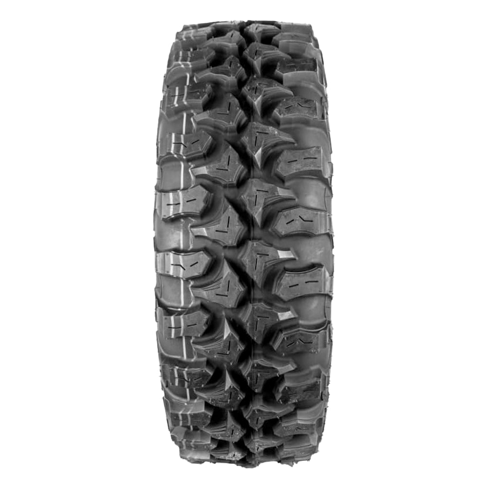 Full tread pattern and lug design view of the Quadboss QBT889 Loose Terrain Tire, designed for premium loose, mud, and rock traction with widely spaced lugs, stepped and terraced lug design, offered with free shipping by Ride or Die Tire.