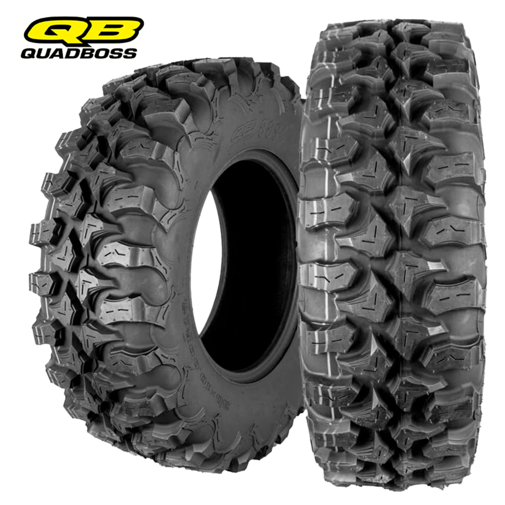 Front and rear Quadboss QBT889 8-Ply Radial all terrain utv and sxs tires, available in 14" and 15" wheels sizes, offered with fast and free shipping by Ride or Die Tire.
