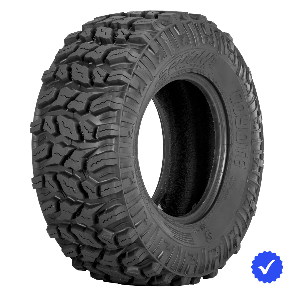 Angled view of the Sedona Coyote 25x10-12 rear ATV and UTV tire, manufactured with tough 6-ply bias construction and a high traction design while still riding well on hard surfaces with extended tread life, all sizes offered with fast and free shipping.
