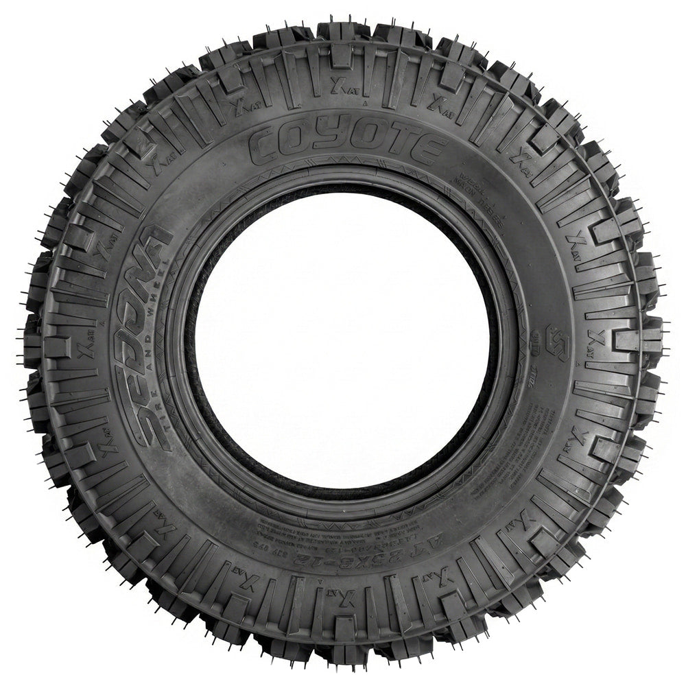Full sidewall view of the Sedona Coyote UTV and ATV tire, showcasing the unique sidewall design, rugged wrap-around shoulder lugs, and attractive styling designed for drivers wanting a tire that looks great and performs even better.