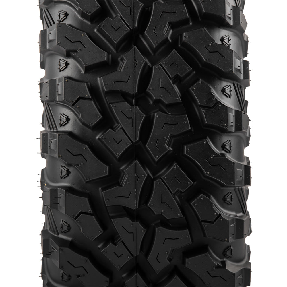 Close up detailed view of the tread pattern and lug block design of the new Sedona Ridge RIPR nylon radial 8-ply tire available in most sizes for 14" and 15" rims, showcasing the tread block siping, multi-angled lug design, and overlapping center tread blacks to ensure a smooth, quiet, and predictable ride and steering response.