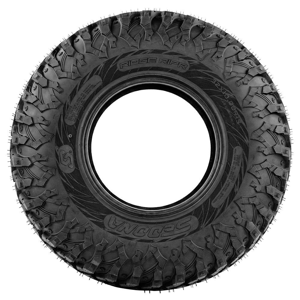 Full sidewall view of the 32x10.00R15 Sedona Ridge RIPR 8-ply radial UTV and SXS tire, built with a tough multilayered sidewall tread traction surface to enhance toughness and damage protection, while also adding extra traction for climbing over rocks or navigating through rutted trails, while the built-in bead protector helps protect wheels from trail damage.