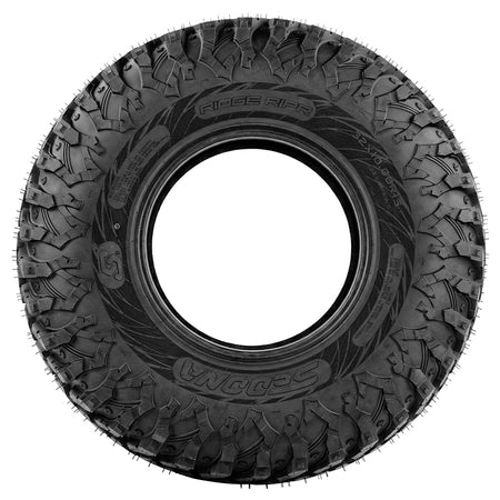 Full sidewall view of the 32x10.00R15 Sedona Ridge RIPR 8-ply radial UTV and SXS tire, built with a tough multilayered sidewall tread traction surface to enhance toughness and damage protection, while also adding extra traction for climbing over rocks or navigating through rutted trails, while the built-in bead protector helps protect wheels from trail damage.