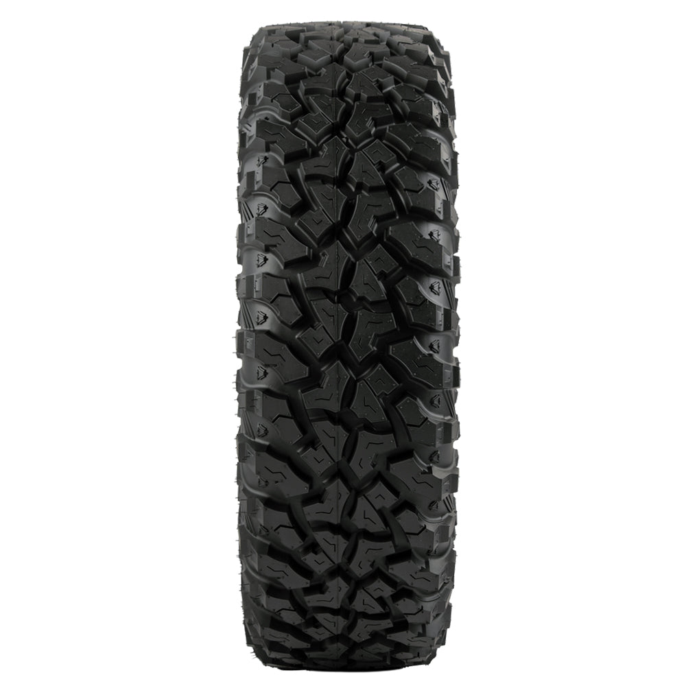 Full view of the tread pattern and hybrid lug design of the Sedona Ridge RIPR SXS tire, manufactured with clamshell mold nylon radial construction.