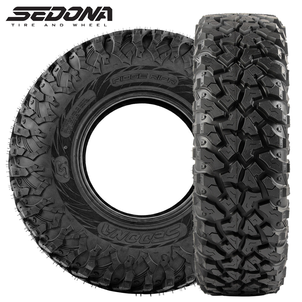 Main product listing photo for the all new high performance hybrid all-terrain Sedona Ridge RIPR tire, designed for high horsepower UTV and SXS machines, built with rugged 8-ply durability and radial carcass for smooth and comfortable ride, featuring an effective and long lasting tread pattern and available in a wide variety of sizes, offered for sale by Ride or Die Tire.