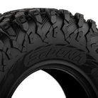 Close up detailed view of the wrap-around shoulder lug and sidewall design of the Sedona Ridge RIPR UTV tire, including a great view of the Sedona logo molded into the tire's sidewall.