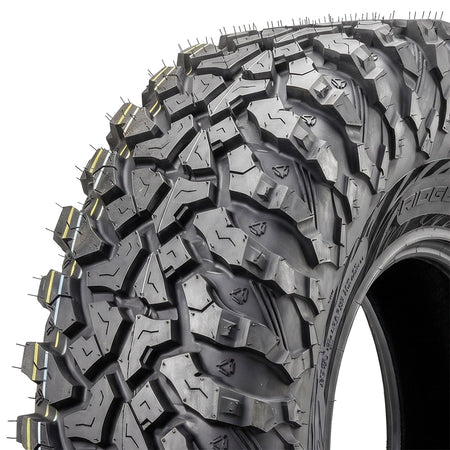 Close up detailed view of the tread pattern and multi-angled lug design of the new Sedona Ridge RIPR a/t UTV and SXS tire, featuring wider spaced, scalloped shoulder lugs, block siping, and attractive sidewall pattern, engineered to perform at a high level for trail riding and occasional road / pavement riding due to the specialized proprietary Sedona rubber compound.