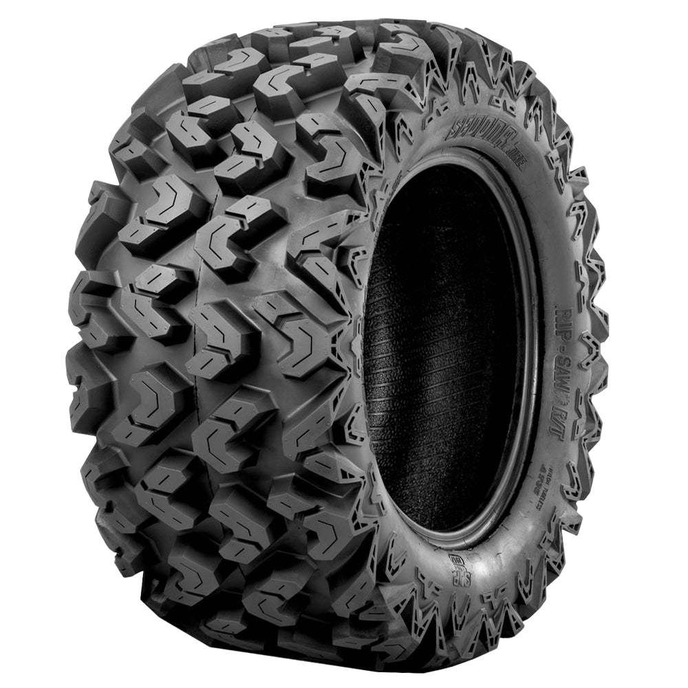 Angled view of the Sedona Rip Saw R/T rear 26x11R14 tire, made with rugged 6 or 8-ply radial construction, high traction tread pattern, beefy shoulder lugs, and the durability Sedona tires are known for, made in sizes for 12" and 14" diameter wheels, all sold with free shipping.
