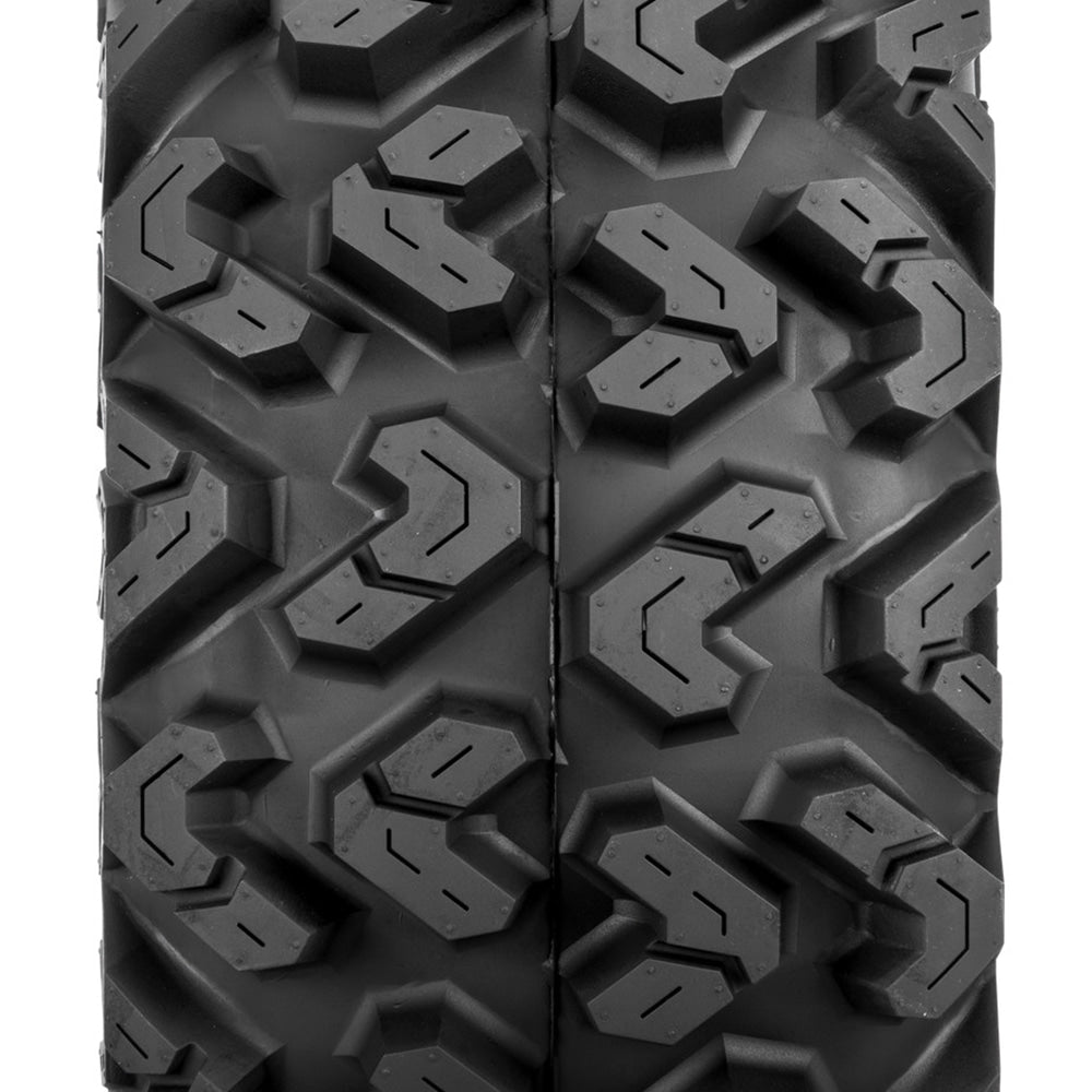 Close up tread pattern view of the Sedona Rip Saw R/T front ATV and UTV tire, featuring opposed and elongated "v" tread blocks, strategic lug siping, and multi-angular block design.