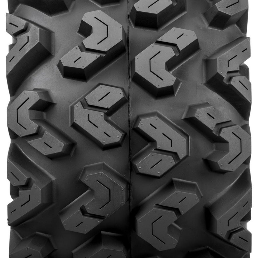 Close up tread pattern view of the Sedona Rip Saw R/T rear ATV and UTV tire, featuring opposed "v" tread blocks, strategic lug siping, and multi-angular block design.