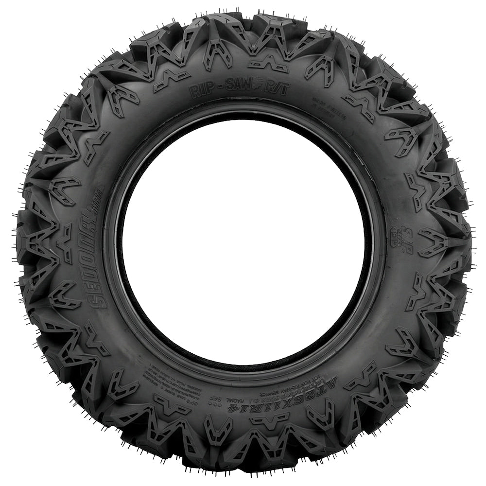 Full sidewall view of the Sedona Rip Saw RT UTV / ATV / SXS all-terrain radial tire, made in a wide variety of sizes, designed for most popular model applications, and featuring a robust sidewall and shoulder lug design for protection against cuts, punctures, and abrasions.