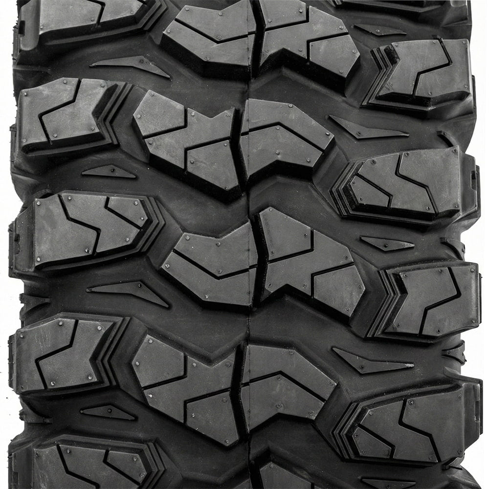Close-up detailed view of the tread pattern and lug design on the Sedona Rock-A-Billy tire, featuring deep lug siping, intermediate casing stone ejectors, multi-angled attach angles, and stepped shoulder lug bases, all contributing to a UTV tire that cleans out well in rocks and mud for ultimate trail traction.