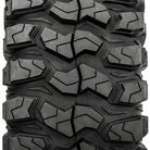 Close-up detailed view of the tread pattern and lug design on the Sedona Rock-A-Billy tire, featuring deep lug siping, intermediate casing stone ejectors, multi-angled attach angles, and stepped shoulder lug bases, all contributing to a UTV tire that cleans out well in rocks and mud for ultimate trail traction.