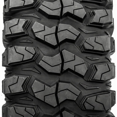 Close-up detailed view of the tread pattern and lug design on the Sedona Rock-A-Billy tire, featuring deep lug siping, intermediate casing stone ejectors, multi-angled attach angles, and stepped shoulder lug bases, all contributing to a UTV tire that cleans out well in rocks and mud for ultimate trail traction.