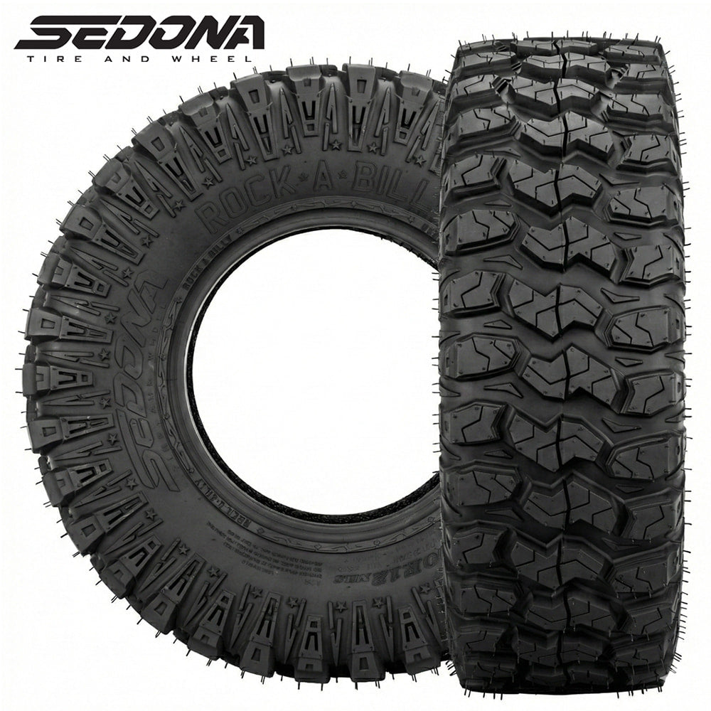 Main product listing photo of the versatile high performance lightweight Sedona Rock-A-Billy 8-ply Radial UTV / SXS tire, displaying both the tread pattern design as well as the sidewall and shoulder design, offering high traction and toughness for the most demanding trails, sold by Ride or Die Tire.