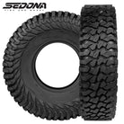 Main product image of the brand new Sedona Rock Gripr 8-ply nylon radial rock crawling tires for UTV and SXS, featuring high traction rubber compound and strong deep shoulder and sidewall lugs, similar to Maxxis Roxxzilla tires, showcasing the tread pattern view and sidewall view, sold by authorized Sedona dealer, Ride or Die Tire.