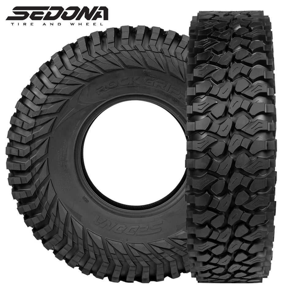 Main product image of the brand new Sedona Rock Gripr 8-ply nylon radial rock crawling tires for UTV and SXS, featuring high traction rubber compound and strong deep shoulder and sidewall lugs, similar to Maxxis Roxxzilla tires, showcasing the tread pattern view and sidewall view, sold by authorized Sedona dealer, Ride or Die Tire.