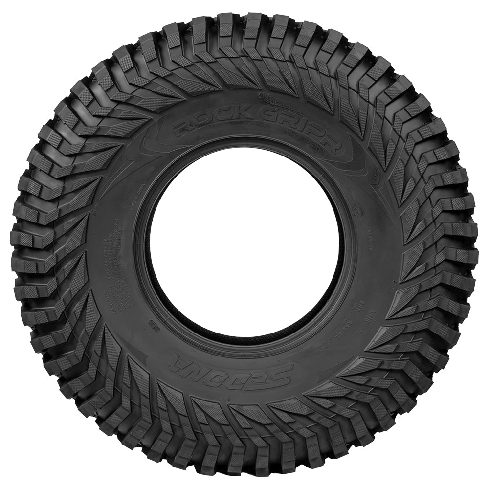 Full sidewall view of the Sedona Rock Gripr rock tire, designed with 8-ply nylon radial construction for high traction rocky applications, boasting a strong scalloped shoulder lug pattern as an alternative to the Maxxis Roxxzilla. 