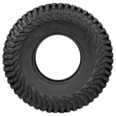 Full sidewall view of the Sedona Rock Gripr rock tire, designed with 8-ply nylon radial construction for high traction rocky applications, boasting a strong scalloped shoulder lug pattern as an alternative to the Maxxis Roxxzilla. 