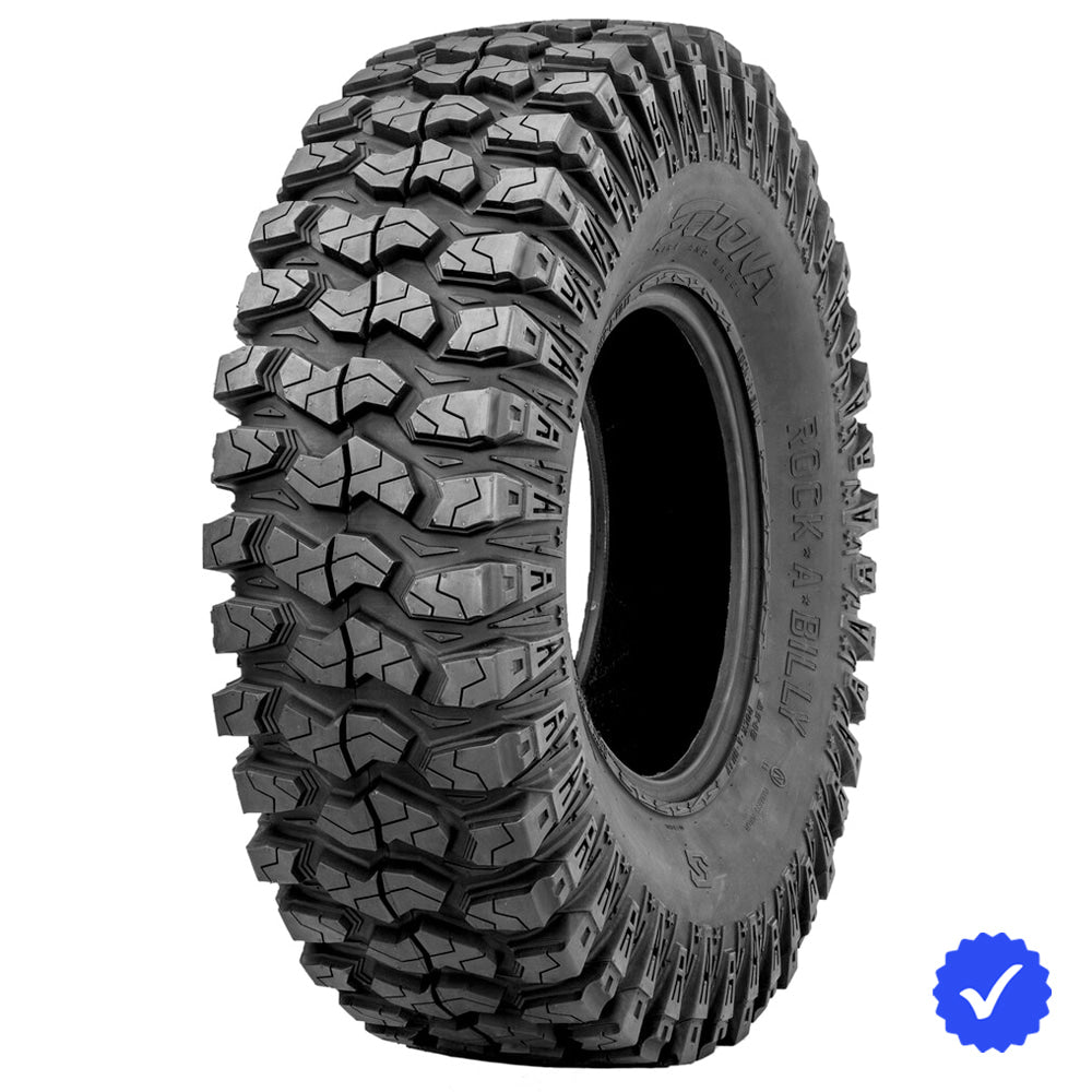 Angled view of the 14" and 15" wheel sizes Sedona Rock-A-Billy 8-ply radial UTV and SXS tire, designed with lightweight toughness and smooth nylon radial ride, available with fast and free shipping, Part # 570-5205 in 28x10R14, Part # 570-5206 in 30x10R14, Part # 570-5207 in 32x10R14, and Part # 570-5208 in 32x10R15 sizes.