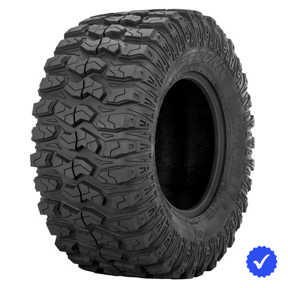Angled view of the 26x11R12 Sedona Rock-A-Billy 8-ply radial UTV and SXS rear tire, designed with lightweight toughness and smooth nylon radial ride, available with fast and free shipping, Part # 570-5202.
