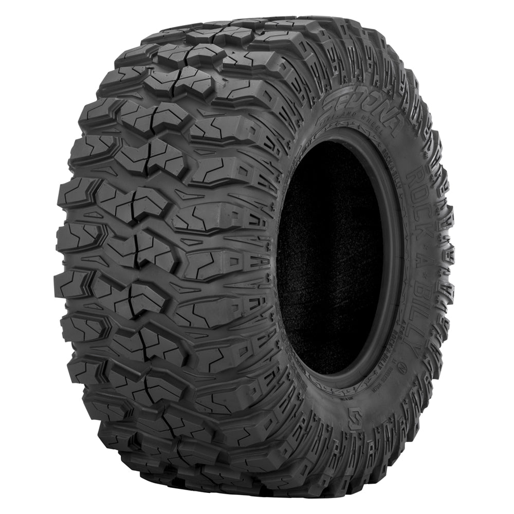 Angled view of the 26x11R12 Sedona Rock-A-Billy 8-ply radial UTV and SXS rear tire, designed with lightweight toughness and smooth nylon radial ride, available with fast and free shipping, Part # 570-5202.