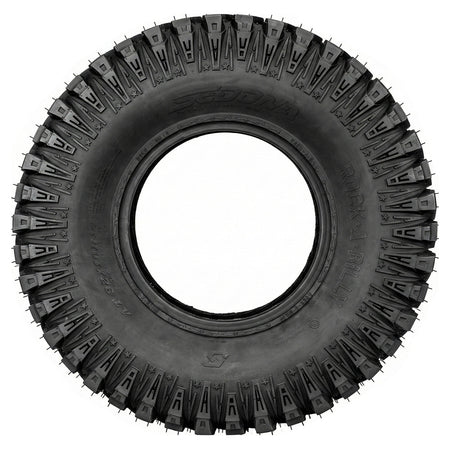 Full sidewall view of the 28x10R14 Sedona Rock-A-Bill 8-ply Nylon Radial ATV / UTV / SXS tire, showcasing robust wrap-around shoulder lugs and rugged design with built-in rim and bead protector.