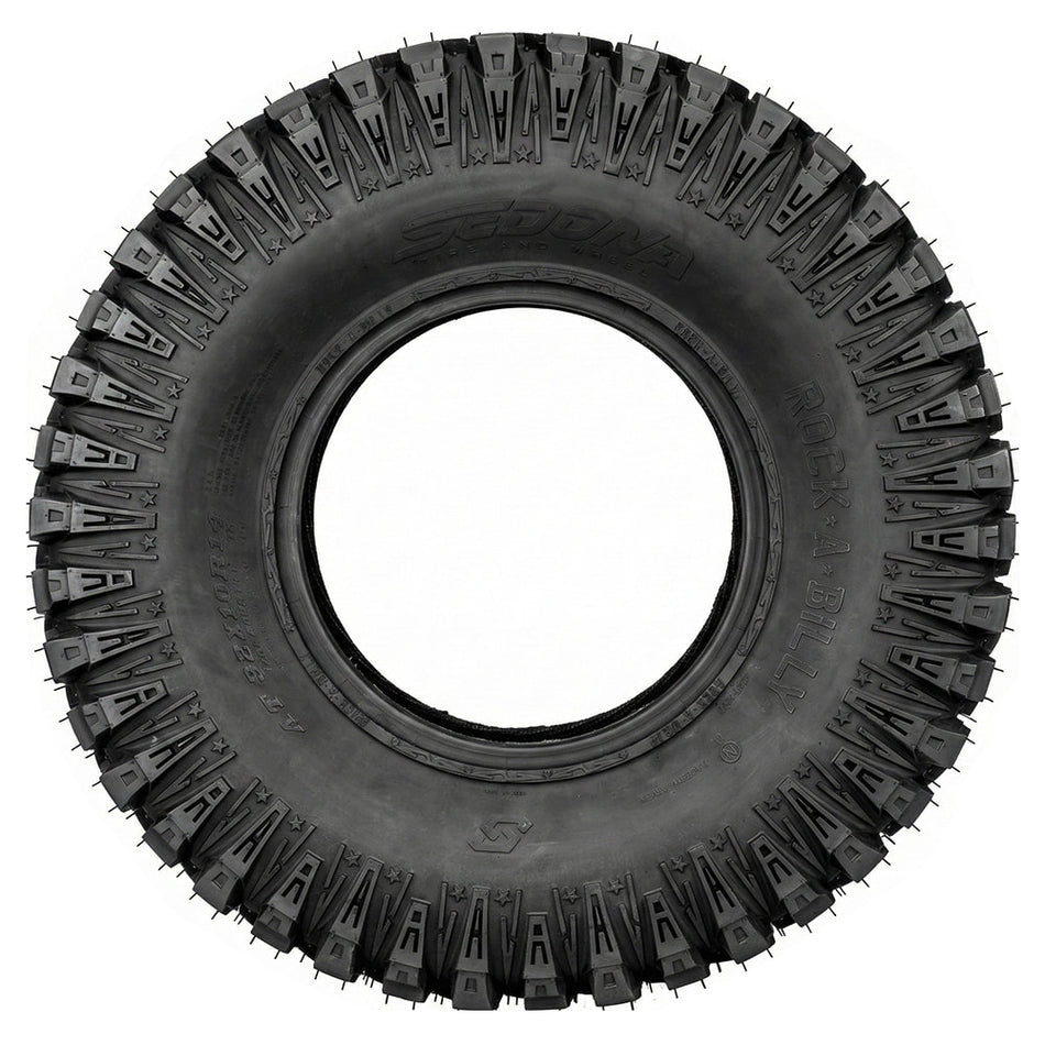 Full sidewall view of the 28x10R14 Sedona Rock-A-Bill 8-ply Nylon Radial ATV / UTV / SXS tire, showcasing robust wrap-around shoulder lugs and rugged design with built-in rim and bead protector.