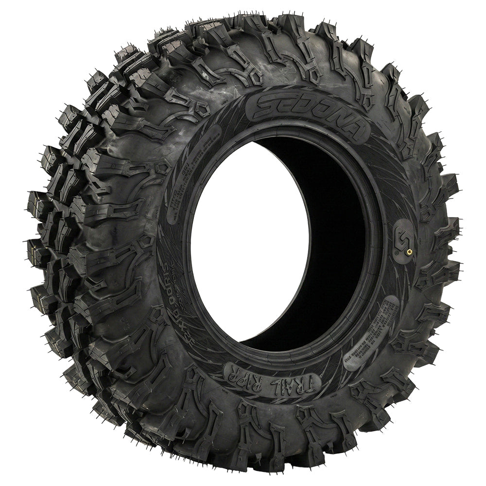 High quality angled view of the brand new tire from Sedona Tire and Wheel, the 8-Ply Radial Trail RIPR, engineered to dominate ll kinds of terrain and features a strong carcass, high traction lug design and rugged shoulder to sidewall lugs, with a cool looking sidewall design, and offered with fast and free shipping, available in sizes ranging from 28x10r14 to 35x10r15.