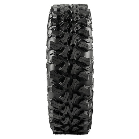 Full tread pattern view of the Sedona Trail RIPR 8-ply nylon radial tire, showcasing the non-directional design, large spacing between the shoulder lugs for rock crawling traction and great cleanout in mud, and more tightly placed center row tread blocks for better steering response and hardpack performance.