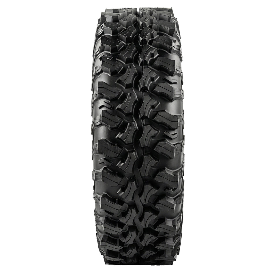 Full tread pattern view of the Sedona Trail RIPR 8-ply nylon radial tire, showcasing the non-directional design, large spacing between the shoulder lugs for rock crawling traction and great cleanout in mud, and more tightly placed center row tread blocks for better steering response and hardpack performance.