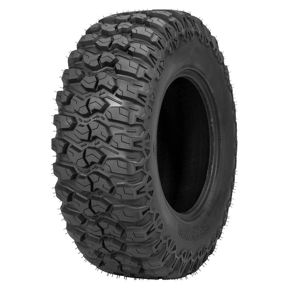 Angled view of the 14" and 15" Sedona Trail Saw 2.0 8-ply radial UTV and SXS all-terrain tire, designed with rugged toughness and smooth nylon radial ride, available with fast and free shipping, sold by Ride or Die Tire.