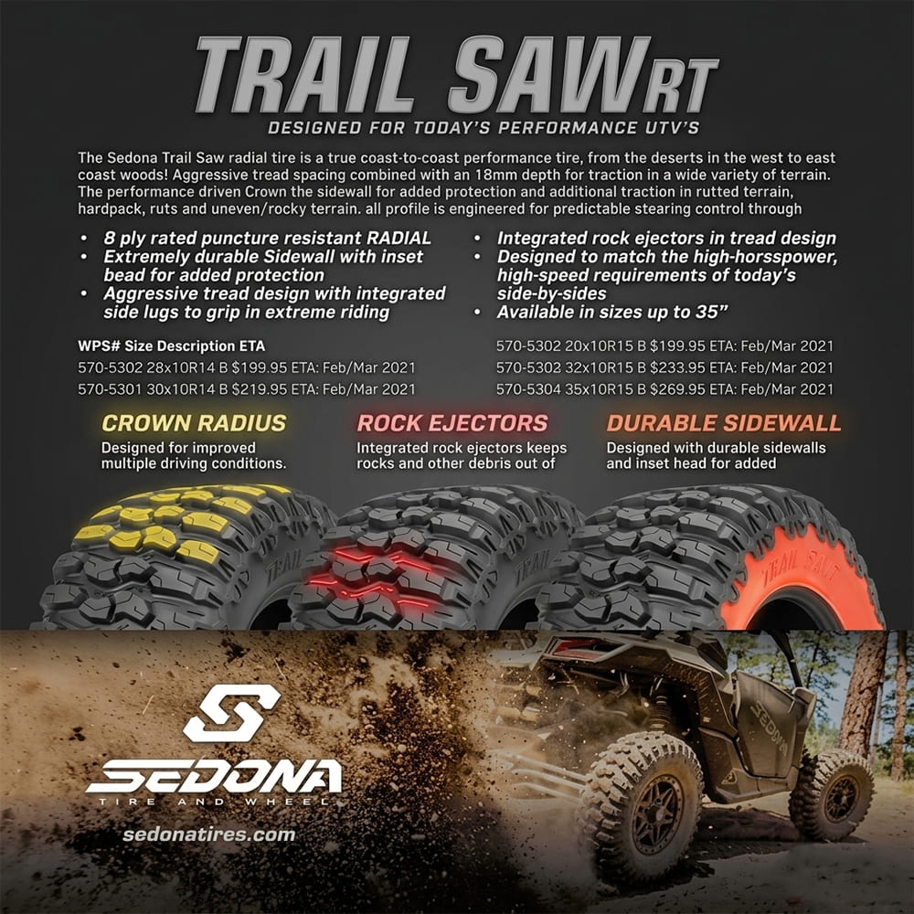 Promotional photo of the features, specs, and selling points of the high value, high performance Sedona TrailSaw RT UTV and side-by-side lineup of tires, including the crown radius profile, integrated rock ejectors, and durable sidewall construction.
