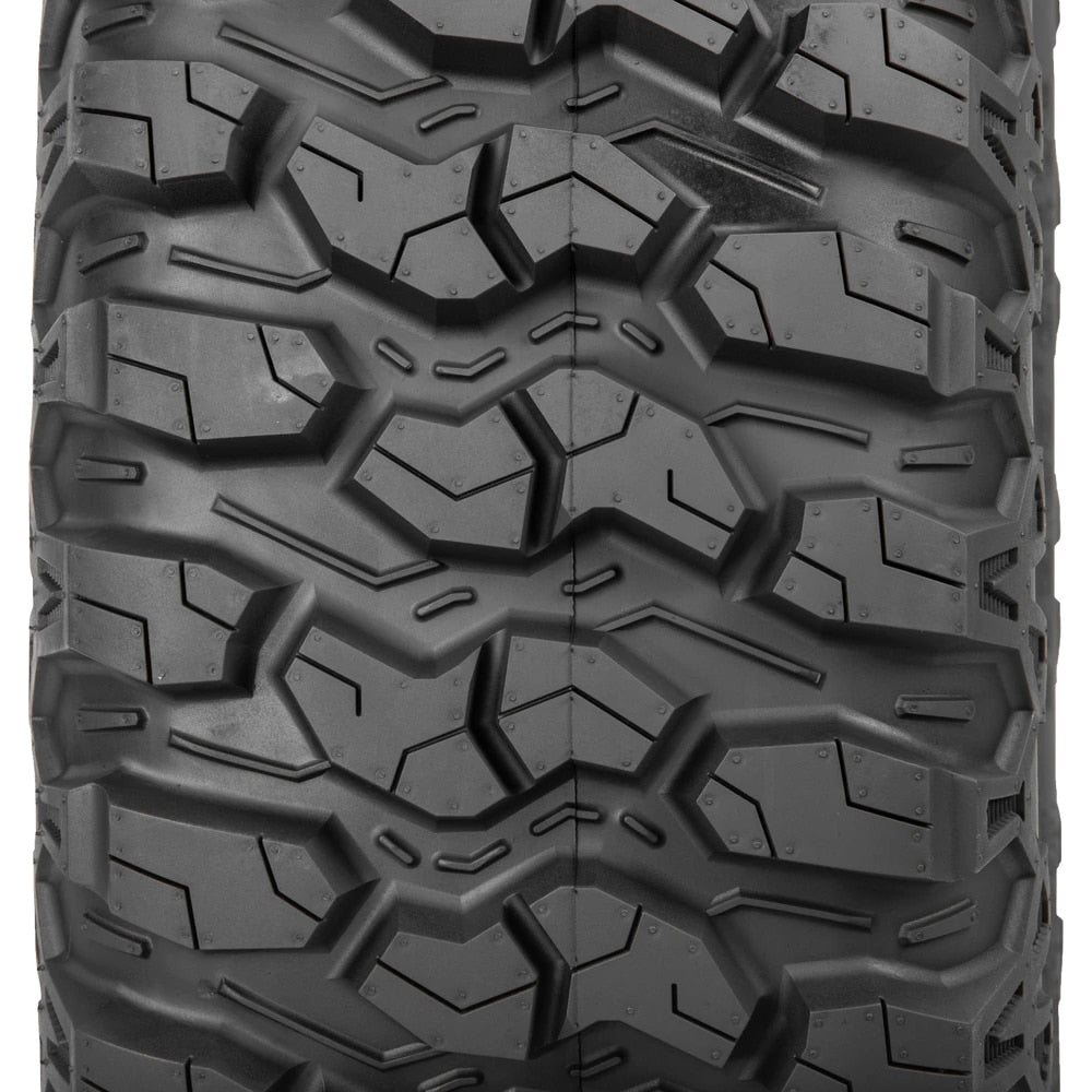 Close up straight on view of the tread pattern details and intentional strategic lug block design found on the Sedona Trail Saw tire.