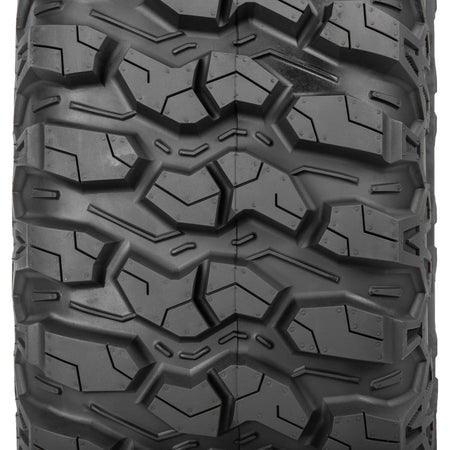 Close up straight on view of the tread pattern details and intentional strategic lug block design found on the Sedona Trail Saw tire.
