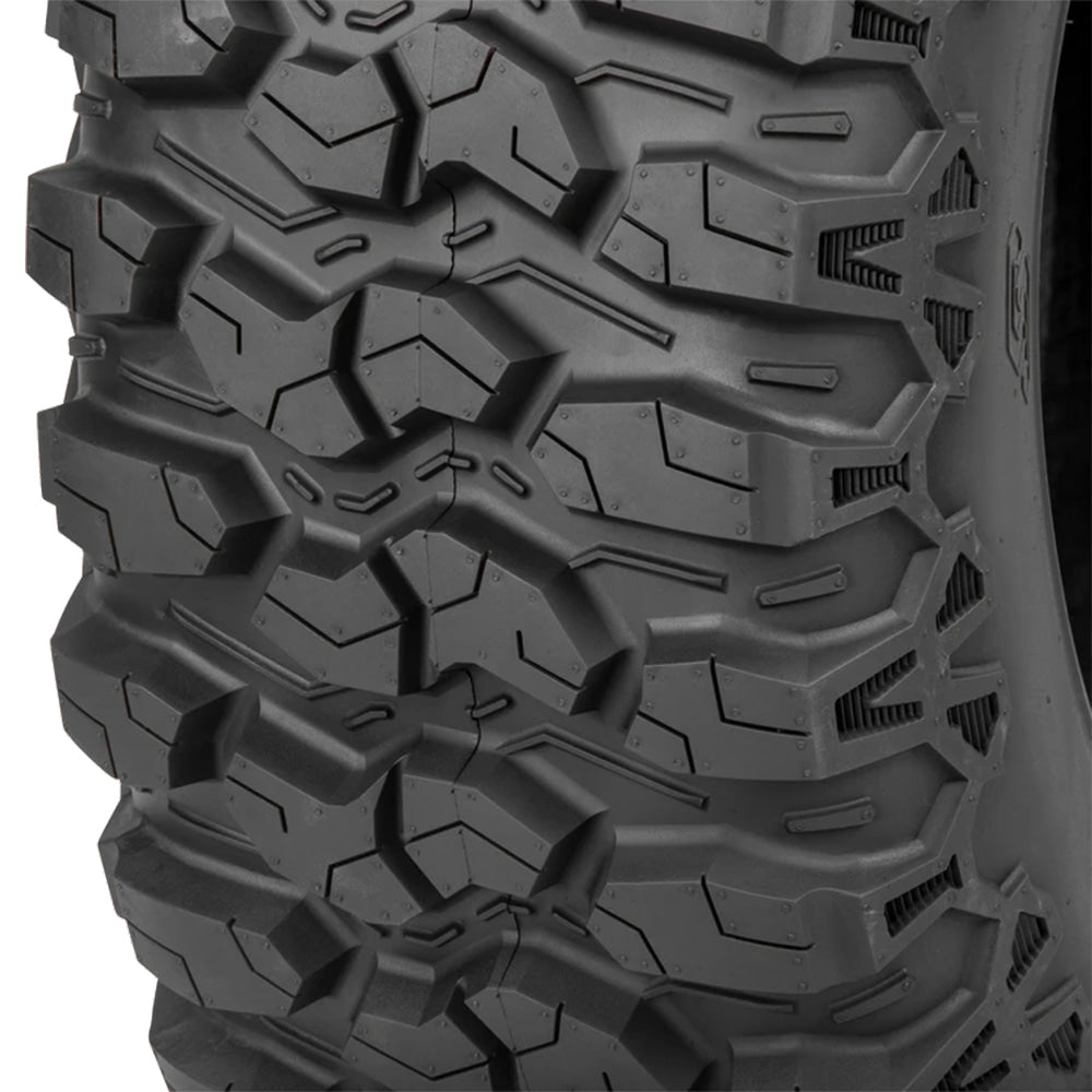 Close up detailed tread pattern and lug design view of the Sedona Trail Saw RT UTV and SXS 8-ply nylon radial tire, featuring strategic siping, aggressive shoulder lugs, and high traction design.