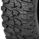 Close up detailed tread pattern and lug design view of the Sedona Trail Saw RT UTV and SXS 8-ply nylon radial tire, featuring strategic siping, aggressive shoulder lugs, and high traction design.
