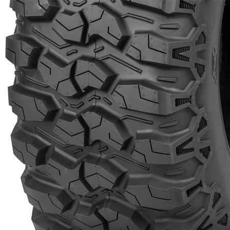 Close up detailed tread pattern and lug design view of the Sedona Trail Saw RT UTV and SXS 8-ply nylon radial tire, featuring strategic siping, aggressive shoulder lugs, and high traction design.