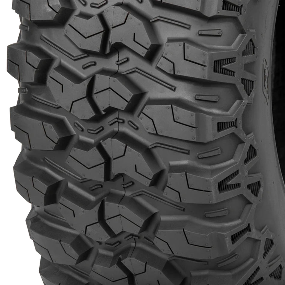 Close up detailed tread pattern and lug design view of the Sedona Trail Saw RT UTV and SXS 8-ply nylon radial tire, featuring strategic siping, aggressive shoulder lugs, and high traction design.
