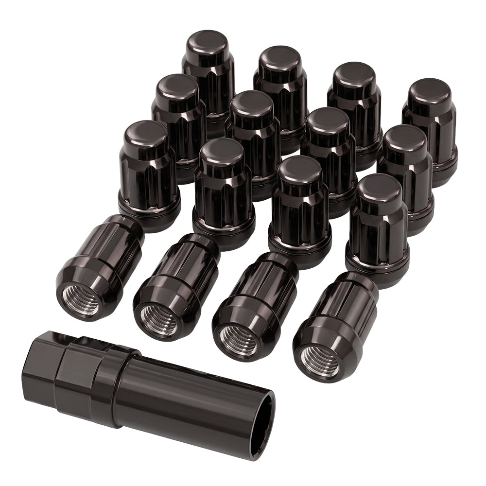 Set of 16 new black splined UTV lug nuts with splined key for UTV, ATV, and SXS applications in a 12mmx1.5, 12x1.25, and 3/8x24 thread pitch, all with fast and free shipping.