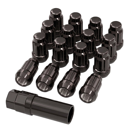 Set of 16 new black splined UTV lug nuts with splined key for UTV, ATV, and SXS applications in a 12mmx1.5, 12x1.25, and 3/8x24 thread pitch, all with fast and free shipping.