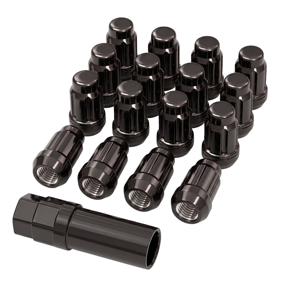 Set of 16 new black splined UTV lug nuts with splined key for UTV, ATV, and SXS applications in a 12mmx1.5, 12x1.25, and 3/8x24 thread pitch, all with fast and free shipping.