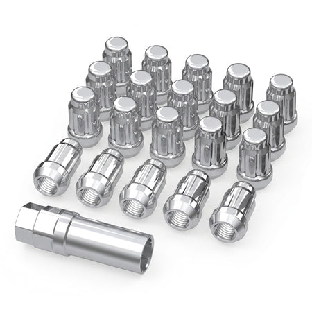 Set of 20 new chrome splined UTV lug nuts with splined key for UTV, ATV, and SXS applications in a 12mmx1.5, 12x1.25, and 3/8x24 thread pitch, all with fast and free shipping.
