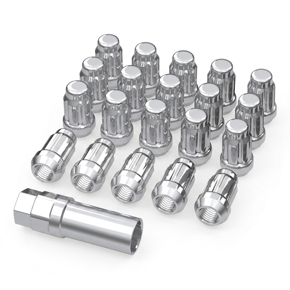 Set of 20 new chrome splined UTV lug nuts with splined key for UTV, ATV, and SXS applications in a 12mmx1.5, 12x1.25, and 3/8x24 thread pitch, all with fast and free shipping.